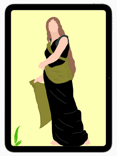 Se muestra una ilustración digital de la estudiante Angie Ibarra en un iPad. El trabajo presenta una figura de estilo renacentista que lleva un vestido negro sobre un fondo de color amarillo pálido.