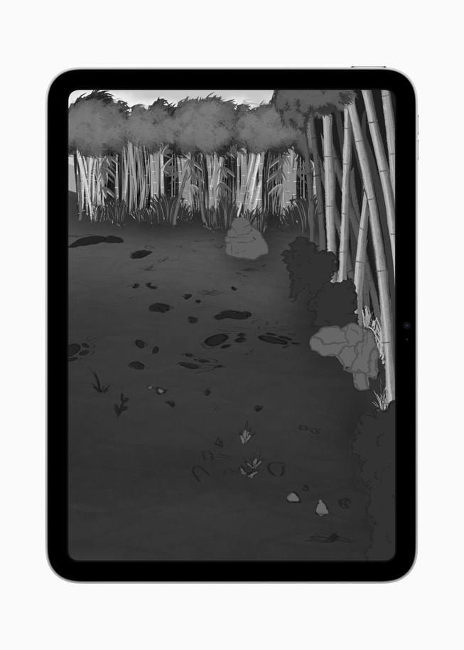 Ilustração digital de Matthew Rada na tela de um iPad. O desenho em preto e branco mostra um campo com árvores altas ao redor.