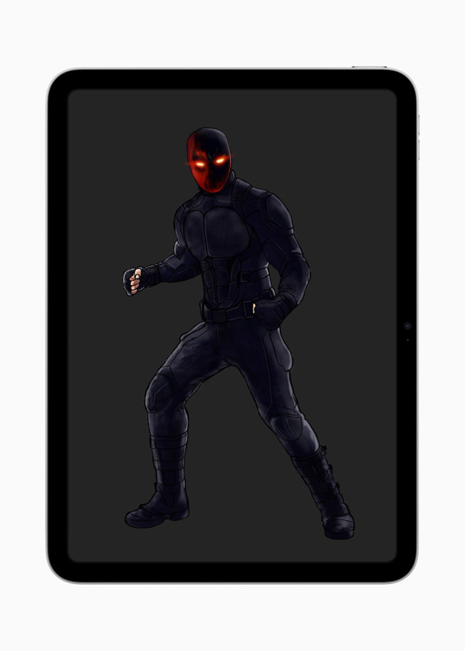 Una ilustración digital del estudiante Matthew Rada muestra la figura de un superhéroe con una máscara y ojos rojos brillantes. El personaje lleva un traje negro de pies a cabeza.