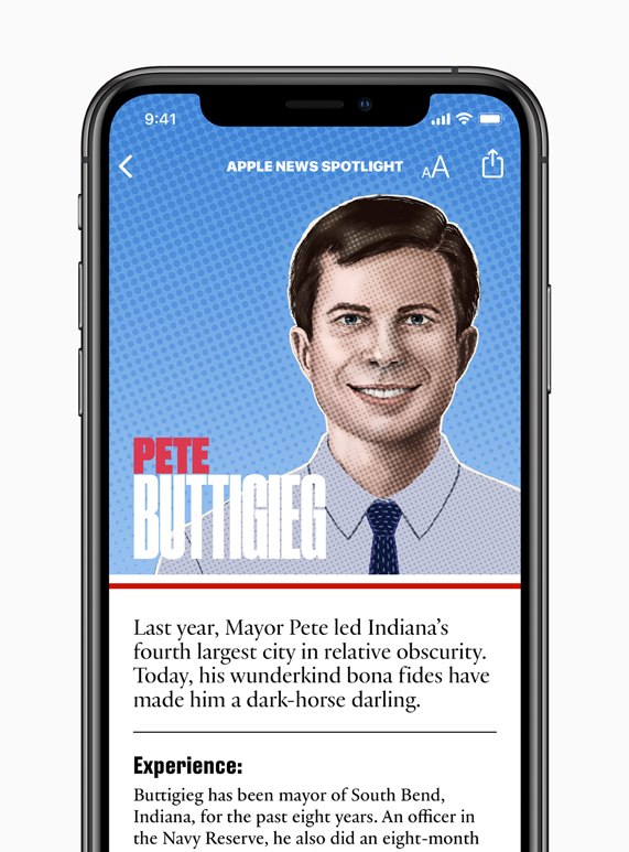 Pete Buttigieg candidate page on Apple News.