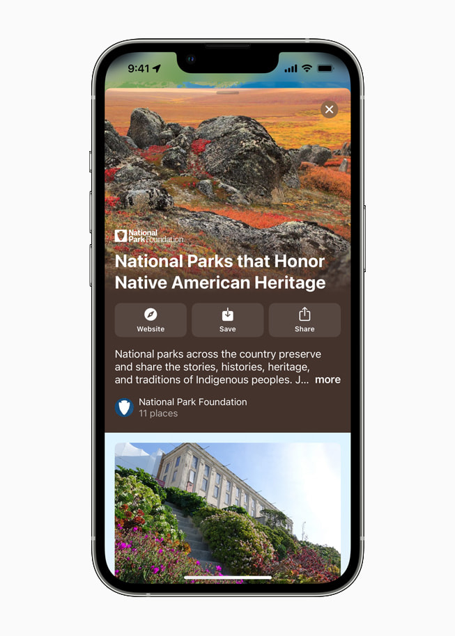 iPhone shows Apple Maps’ Parks that Honor Native American History guide.