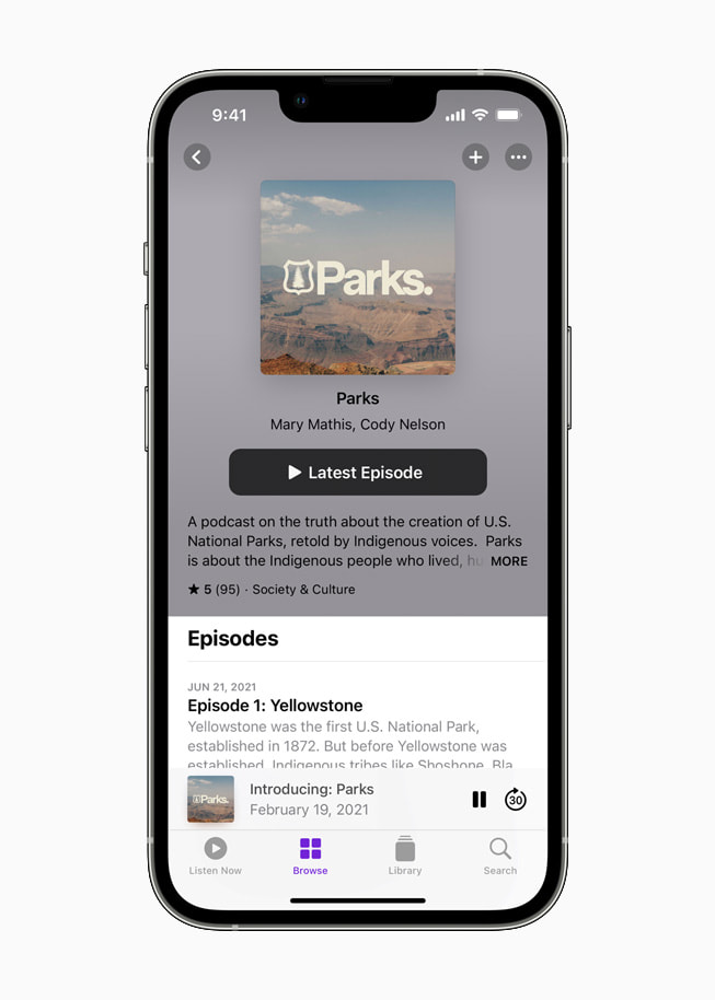 iPhone shows the “Yellowstone” episode of the “Parks” podcast in Apple Podcasts.