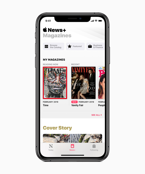 iPhone showing Apple News+ Magazines screen.