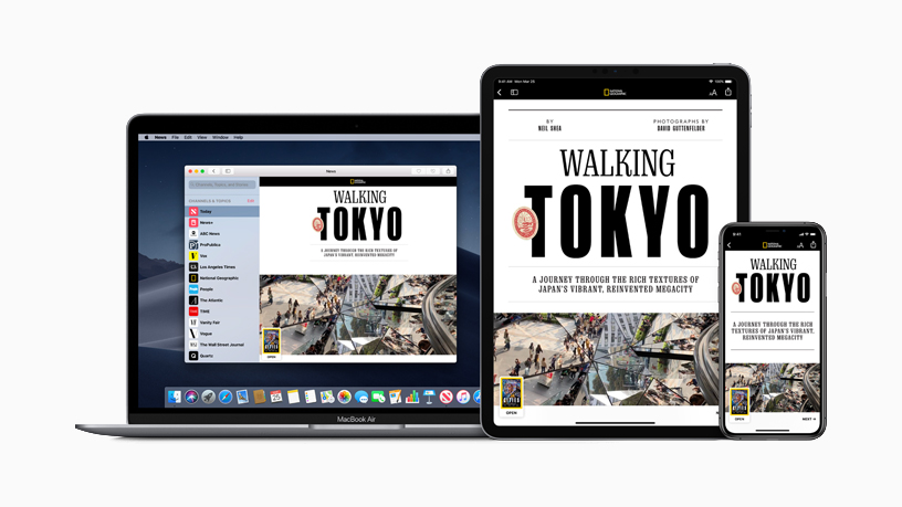 Apple News+ on MacBook, iPhone and iPad.