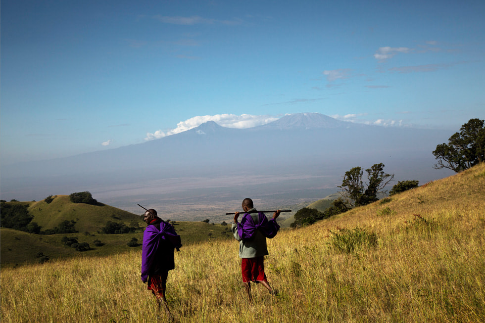 Due contadini masai attraversano il terreno di pascolo sulle colline di Chyulu, in Kenya, con il Kilimangiaro in lontananza.