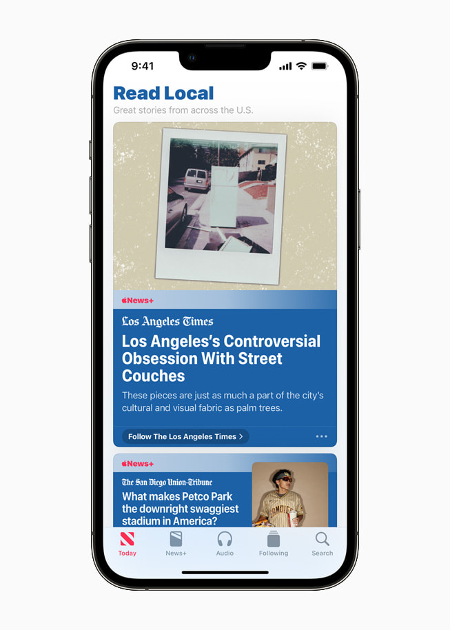 The Los Angeles curated local news experience in Apple News displayed on iPhone 13 Pro.