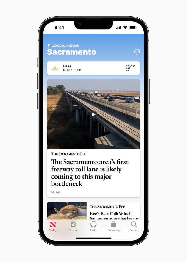 The Sacramento curated local news experience in Apple News displayed on iPhone 13 Pro.