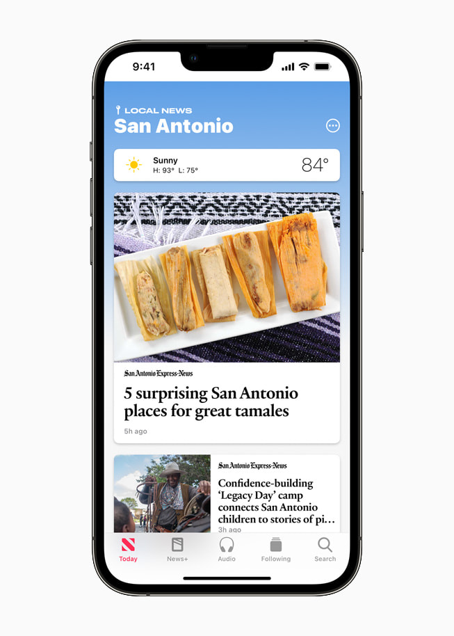 The San Antonio curated local news experience in Apple News displayed on iPhone 13 Pro.