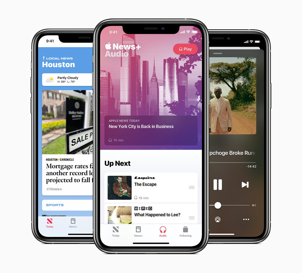 An Apple News+ audio story, a daily audio briefing, and a curated local news experience are each displayed on three separate iPhone 11 Pro.