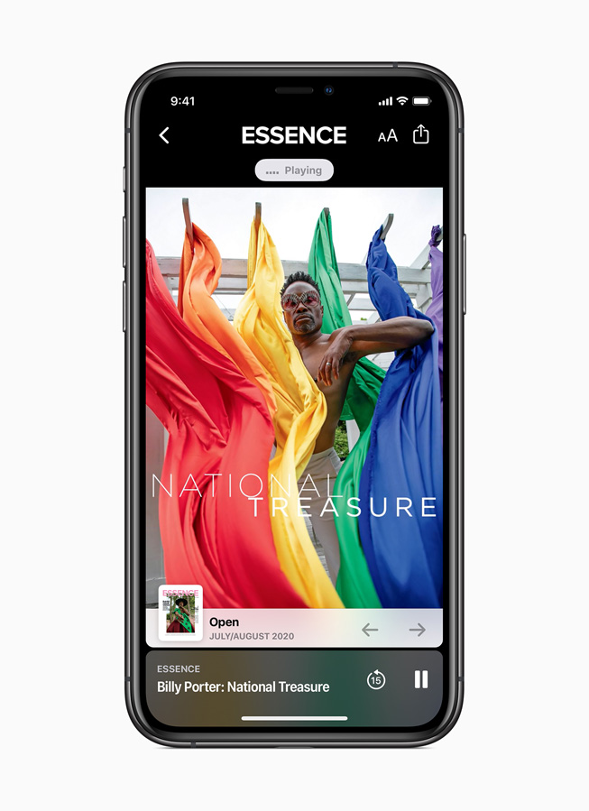 An Apple News+ audio story from Essence is displayed on iPhone 11 Pro.