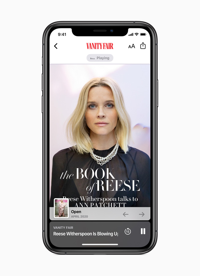 An Apple News+ audio story from Vanity Fair is displayed on iPhone 11 Pro. 