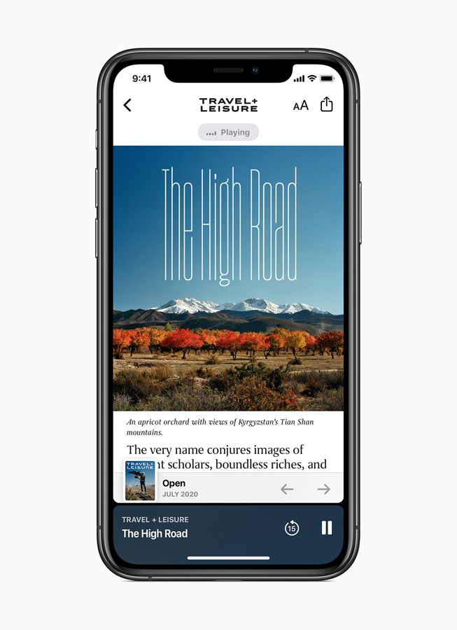 An Apple News+ audio story from Travel + Leisure is displayed on iPhone 11 Pro. 
