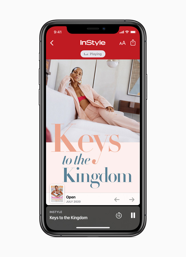 An Apple News+ audio story from InStyle is displayed on iPhone 11 Pro. 