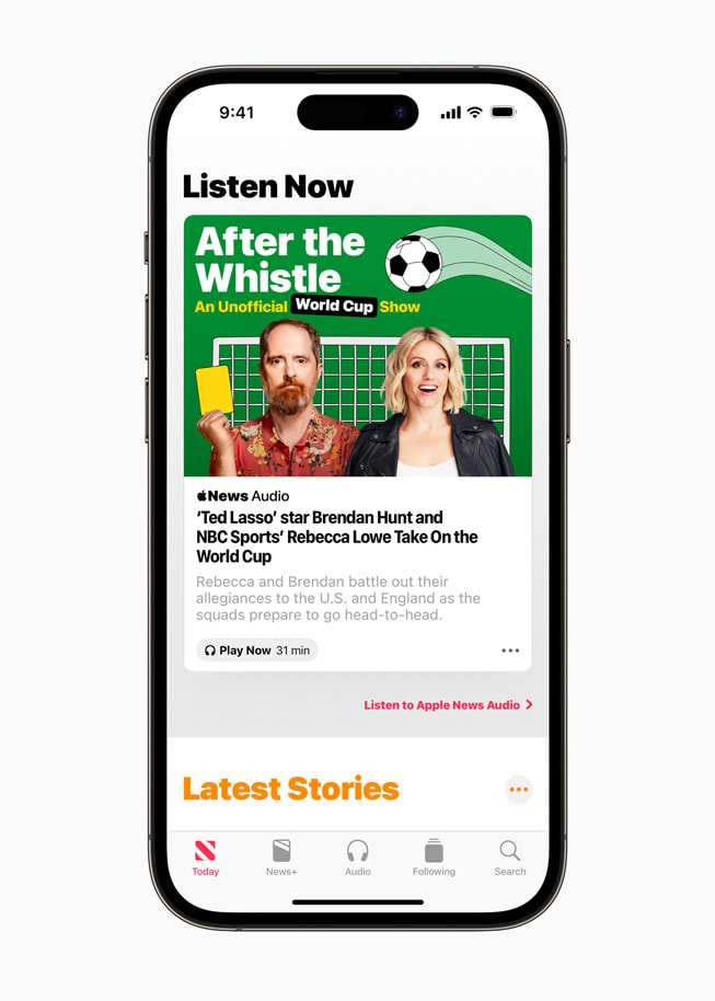 The After the Whistle podcast in Apple News displayed on iPhone 14 Pro. 