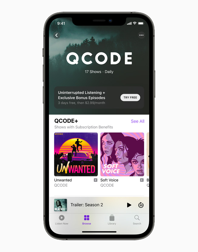 The QCODE+ podcast subscription sign-up displayed on iPhone 12 Pro.