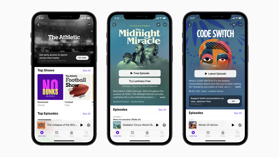 The Athletic, The Midnight Miracle ve Code Switch podcast’lerinin her biri ayrı birer iPhone 12 ekranında gösteriliyor.