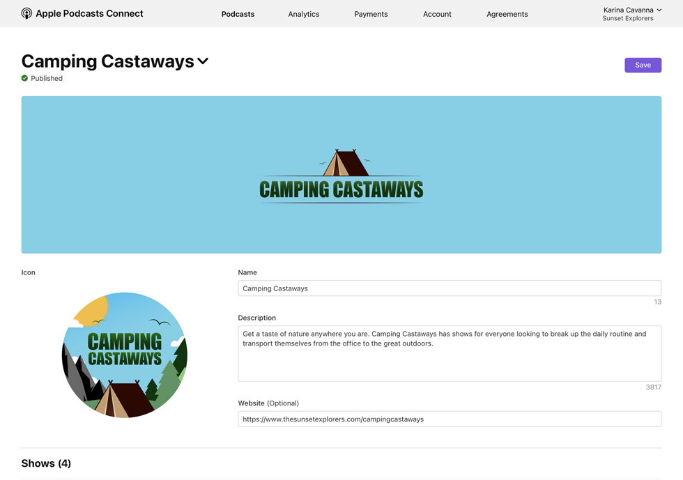 El canal Camping Castaways en Apple Podcasts Connect.