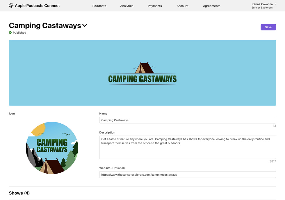 Canal Camping Castaways de Apple Podcasts Connect.