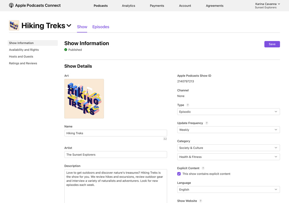 Hiking Treks podcast’inin program bilgilerini gösteren bir Apple Podcasts Connect sayfası.