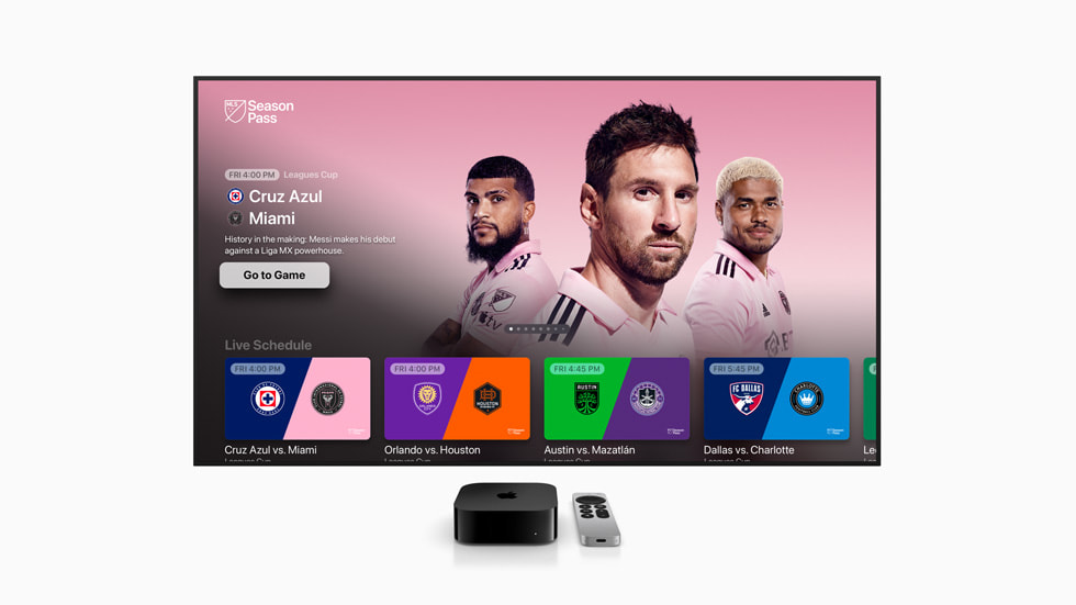 An Apple TV screen shows MLS Season Pass.