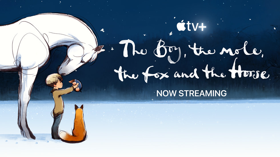 Alt-tekst afbeelding (voor leesmodus) Banner van Apple TV+ voor De jongen, de mol, de vos en het paard.