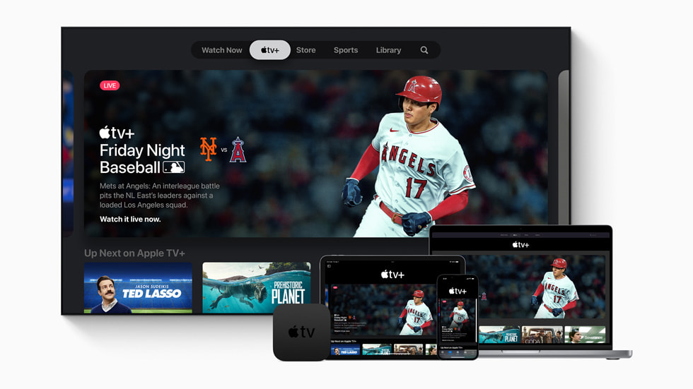 Apple TV+ “Friday Night Baseball” homepage on TV, Apple TV, iPad, iPhone 13 Pro, and MacBook Pro. 