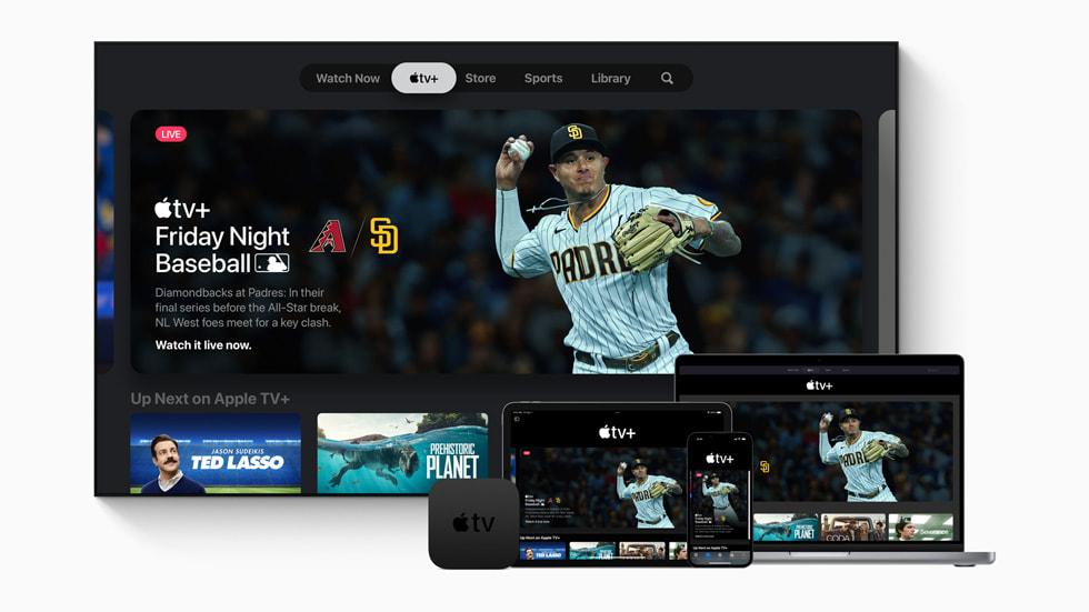 Apple TV+ “Friday Night Baseball” banner on a smart TV with Apple TV 4K, iPad Pro