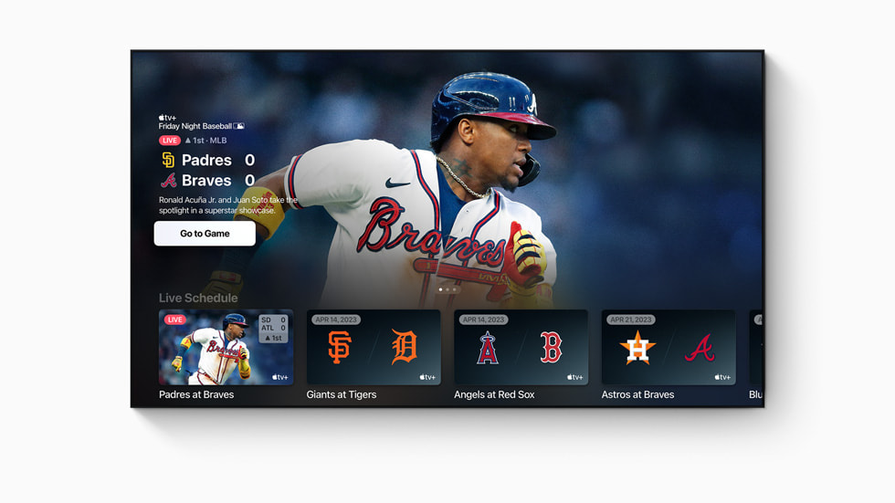 AppleとMLBの新しいパートナーシップである「Friday Night Baseball」を表示している画像。