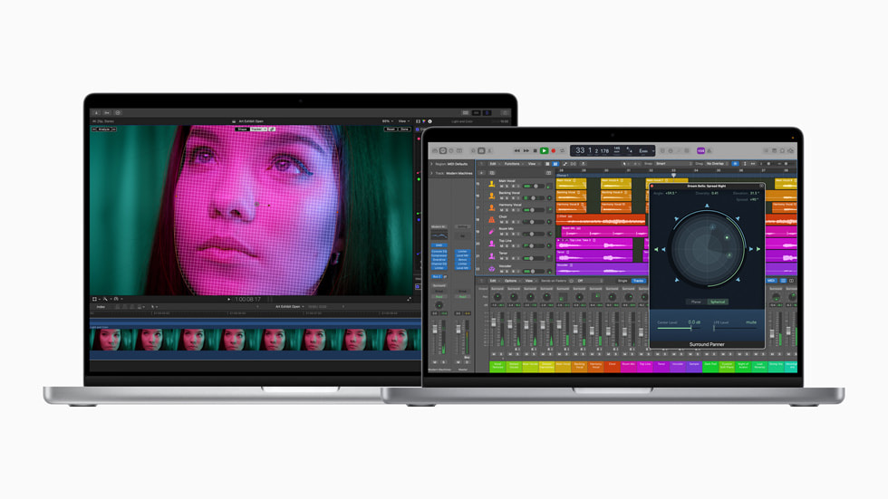 MacBook Pro met M1 Pro en M1 Max in twee formaten, waarop de nieuwe features van Final Cut Pro en Logic Pro te zien zijn.