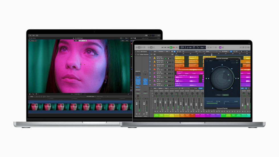 Le MacBook Pro avec puce M1 Pro ou M1 Max, dans les deux tailles disponibles, montrant des fonctionnalités de Final Cut Pro et de Logic Pro mises à jour.