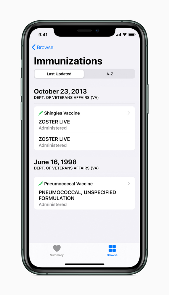 iPhone showing Immunizations screen.