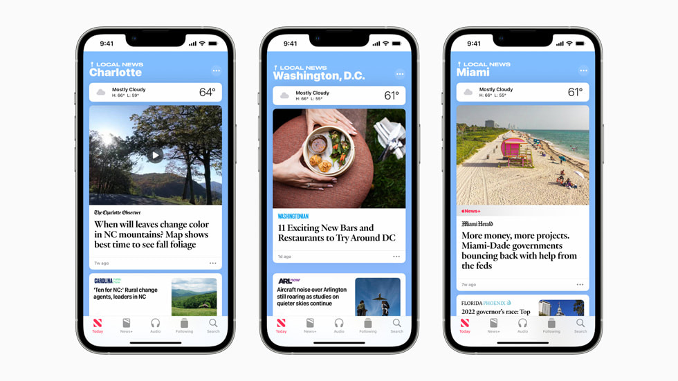 Le notizie locali di Charlotte, Washington D.C. e Miami nell’app Apple News su un iPhone 13 Pro.