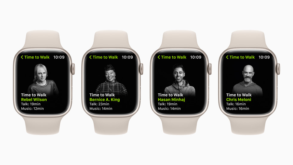 Four Apple Watch Series 7 devices with Time to Walk episodes from Rebel Wilson, Bernice A. King, Hasan Minhaj and Chris Meloni.