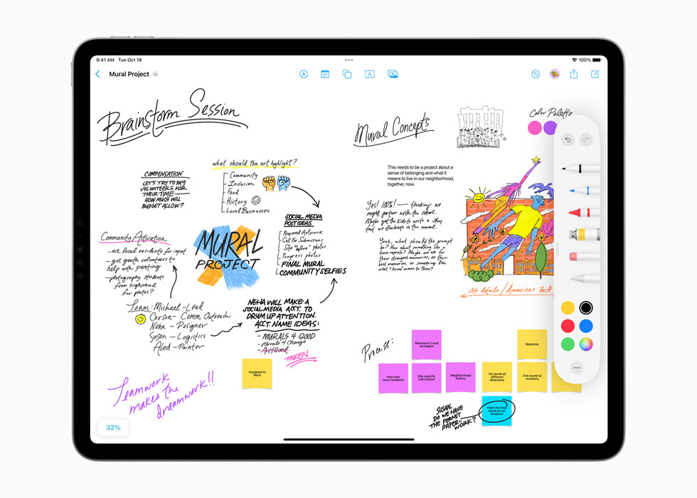 Freeform mostrando notas com o recurso Escrever à mão e diversas ferramentas de desenho no iPad Pro.