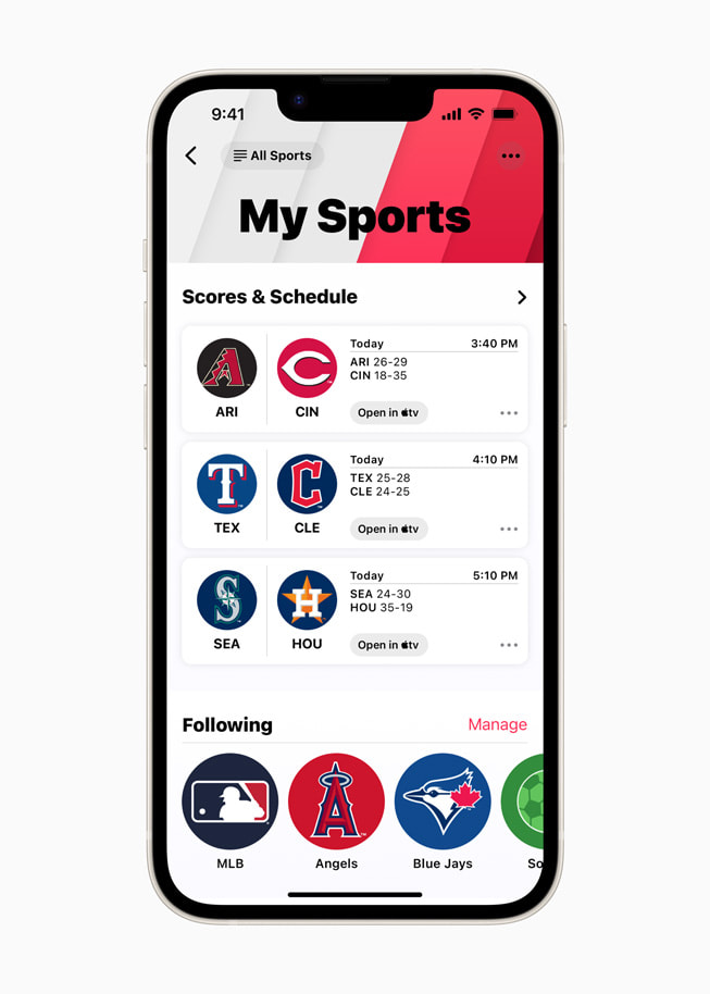 The My Sports interface within Apple News is shown on iPhone 14.