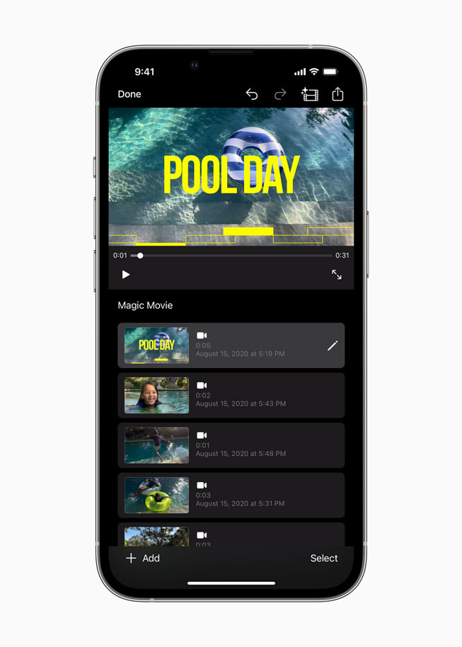 ภาพยนตร์อัตโนมัติที่ชื่อว่า "Pool Day" แสดงบน iMovie 3.0 บน iPhone
