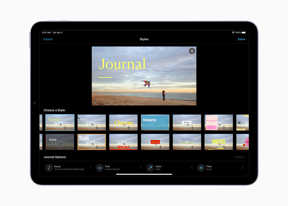 iMovie 3.0’s unique pre-made video styles are shown on iPad.