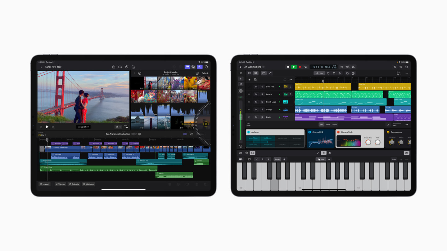 İki iPad aygıtında Final Cut Pro ve Logic Pro görüntüleniyor. 