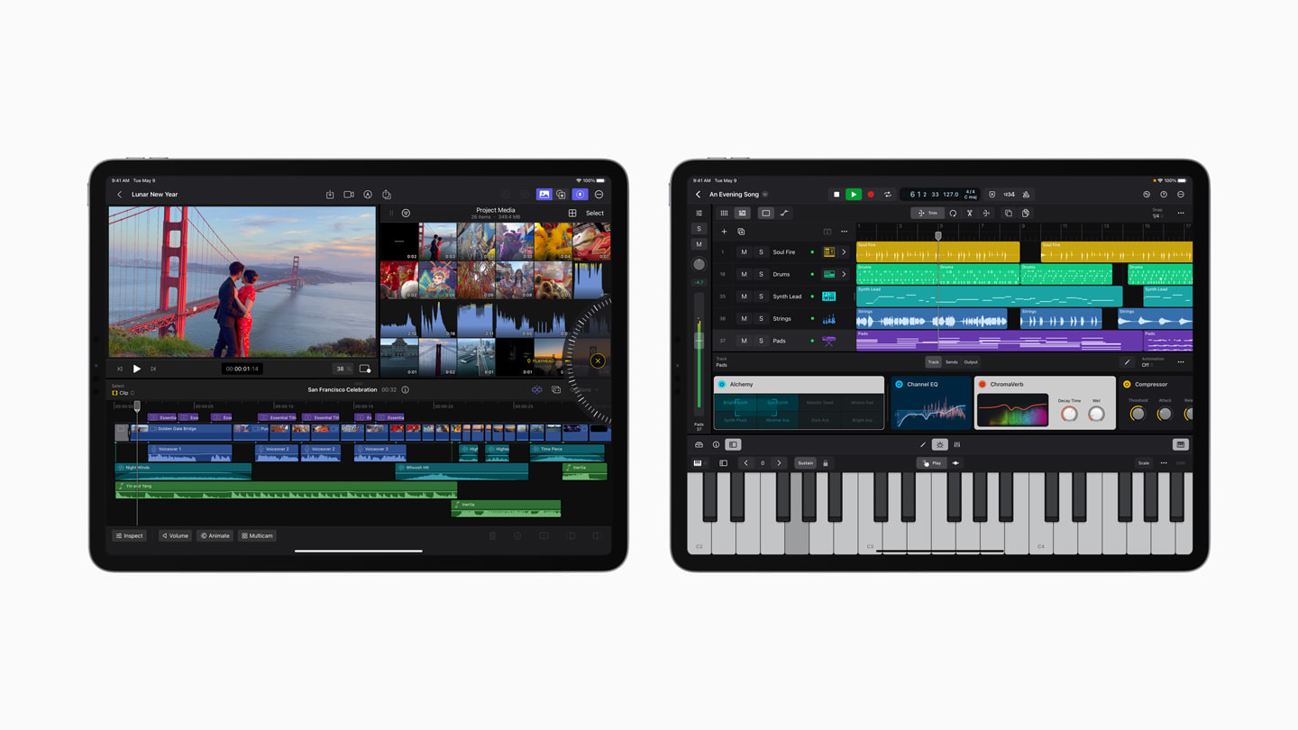 Final Cut Pro 및 Logic Pro를 보여주는 두 iPad 기기. 