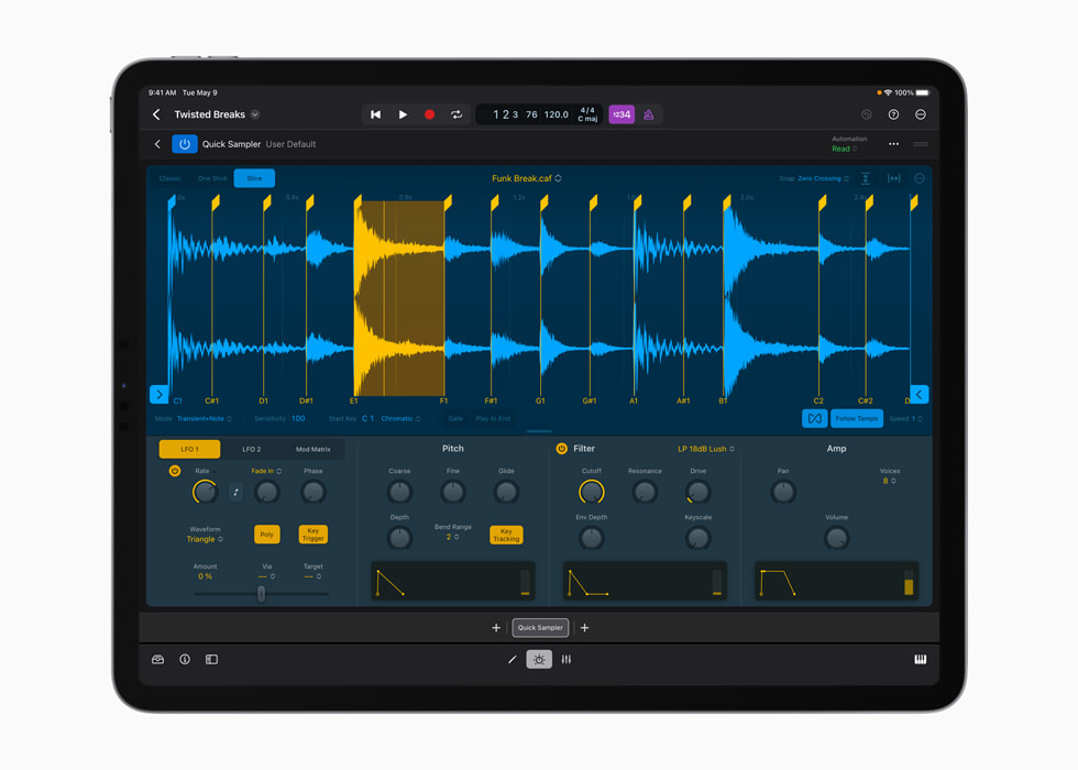 Quick Sampler is shown on Logic Pro for iPad.