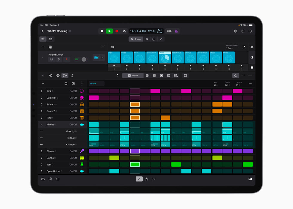 O Step Sequencer é mostrado no Logic Pro para iPad.