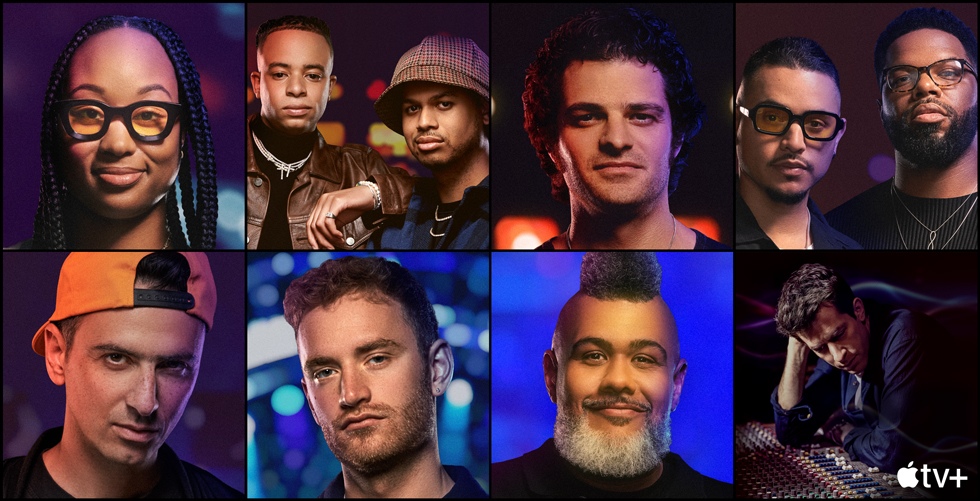 Portraits of the eight producers featured in Logic Pro's Producer Packs.