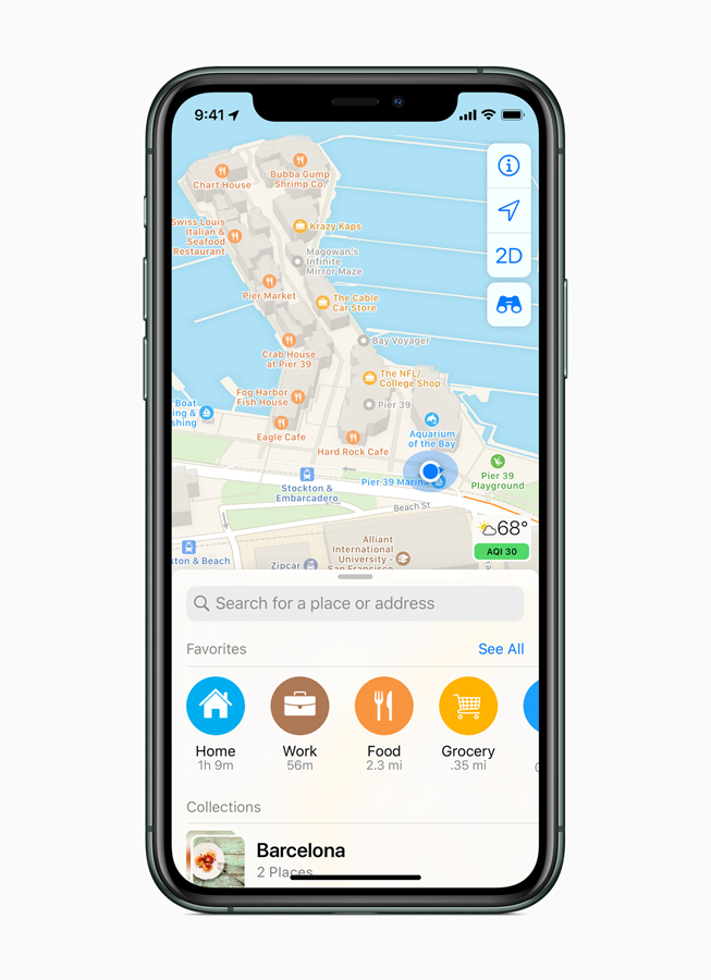 La barra de Favoritos de la nueva app Mapas rediseñada en el iPhone 11 Pro.