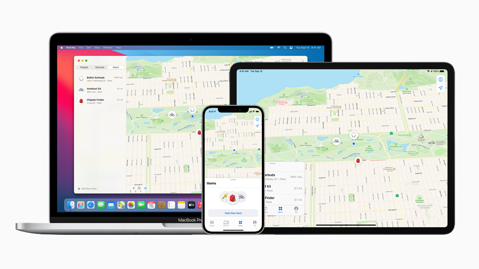 The Find My app displayed on MacBook Pro, iPad Pro, and iPhone 12 Pro.