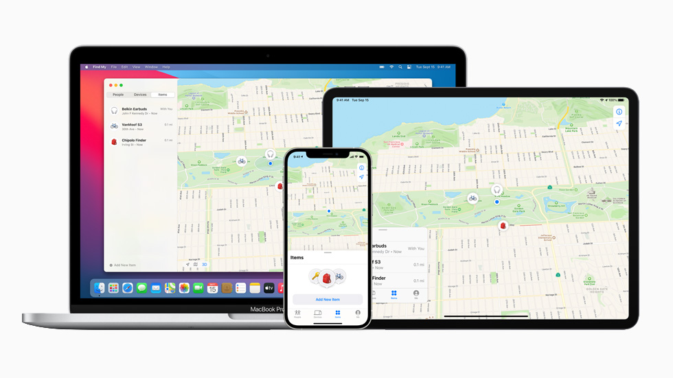 L’app Dov’è su MacBook Pro, iPad Pro e iPhone 12 Pro.