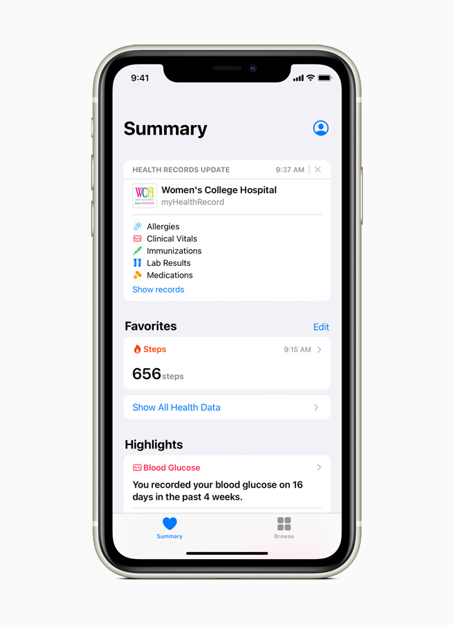 A Health Records update from Women’s College Hospital is displayed on iPhone 11 Pro.