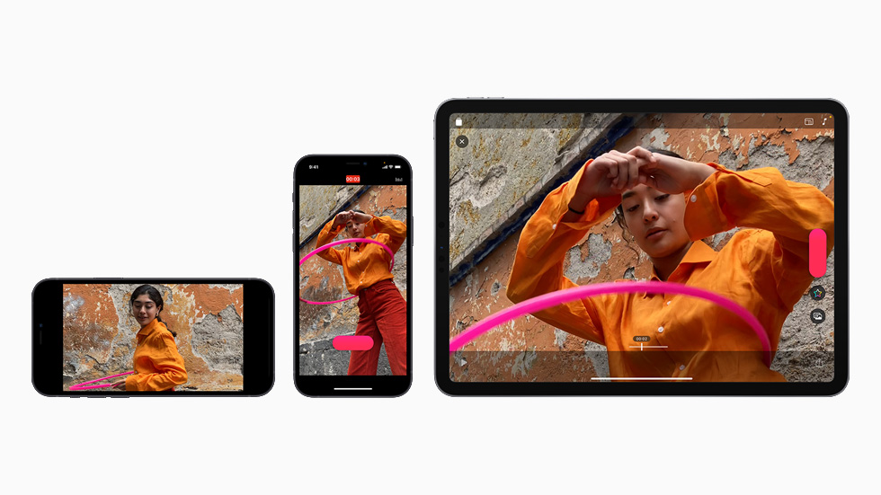 Tre video realizzati con Clips nel formato verticale e orizzontale su iPhone 12 e iPad Air.