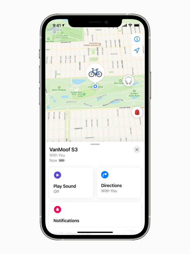 The VanMoof S3 displayed on the Find My app on iPhone 12 Pro.