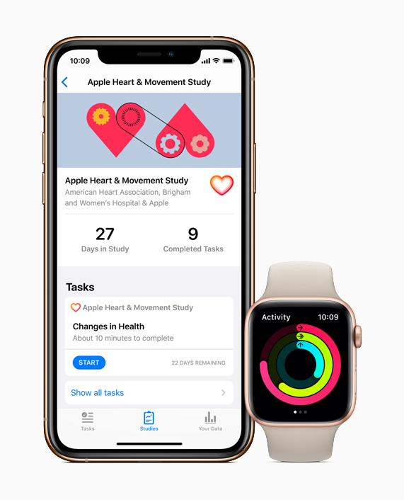 iPhone showing the Apple Heart and Movement Study and Apple Watch showing Activity rings.