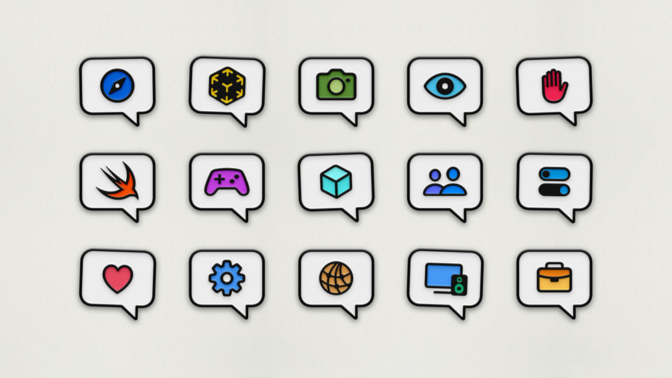 Ilustração de ícones e apps da Apple em marcas de citação.
